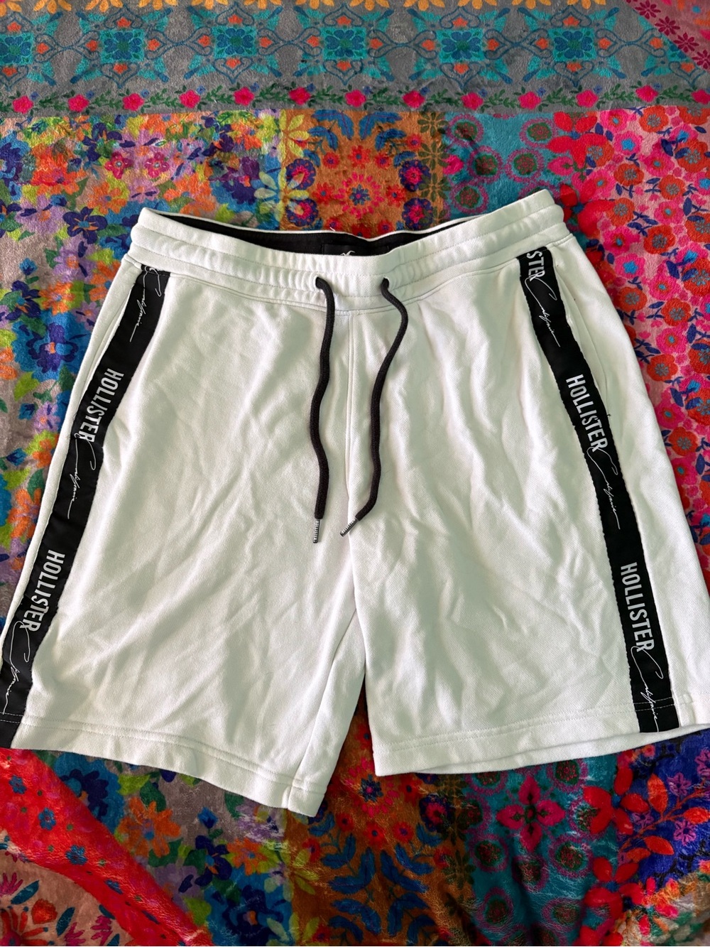 Hollister White Athletic Shorts with Black Branded Side Stripes